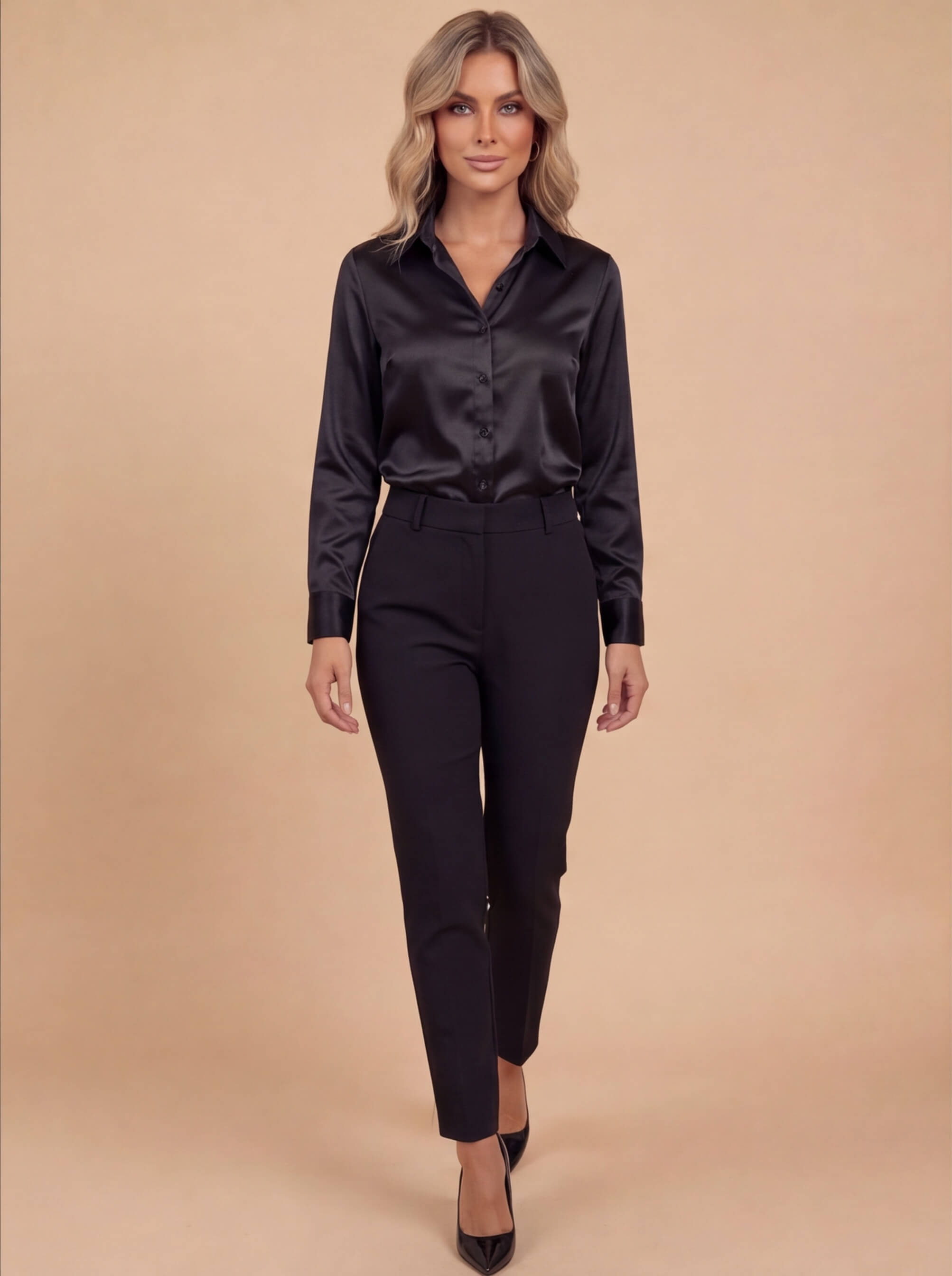 Satin Button Blouse with Lapel Collar