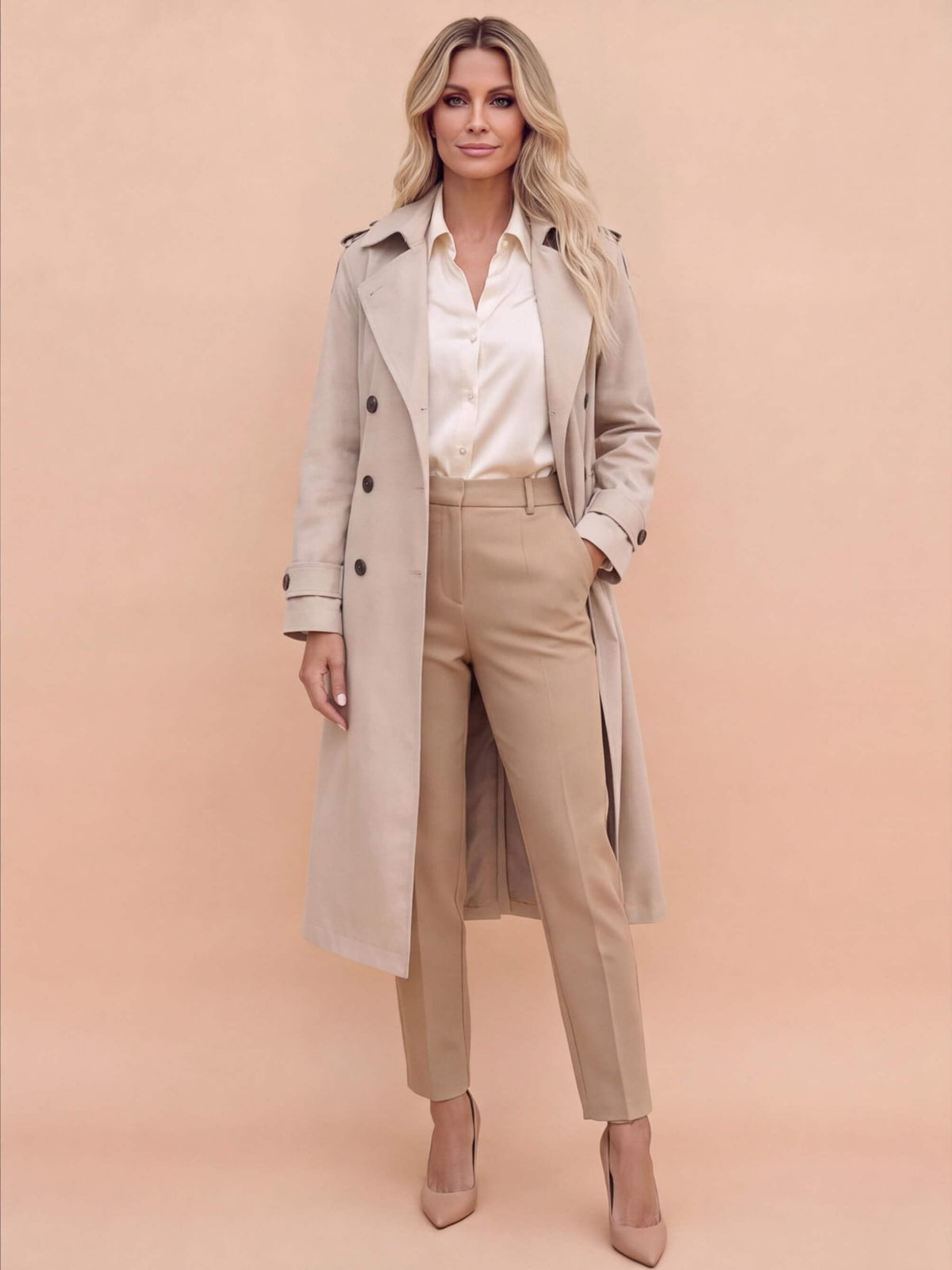 Women’s Double-Breasted Belted Trench Coat with Shoulder Tabs