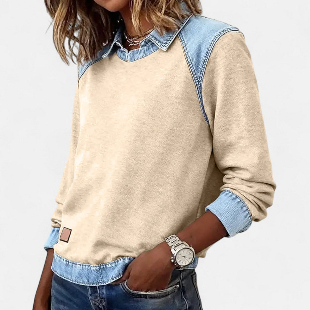 Women’s Denim Collar Detail Long-Sleeve Knit Top