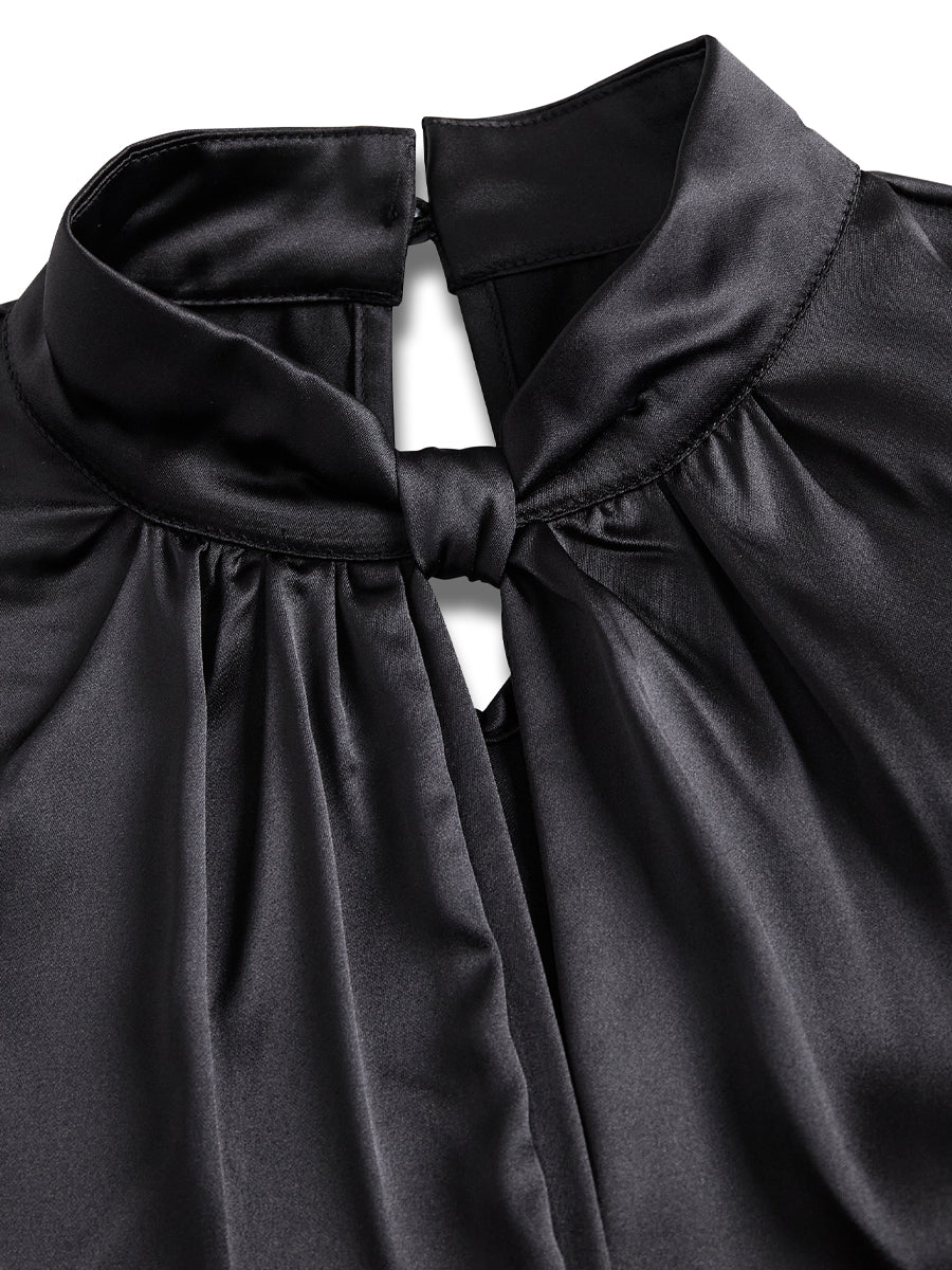 Satin Blouse with Keyhole Neckline and Short Sleeves