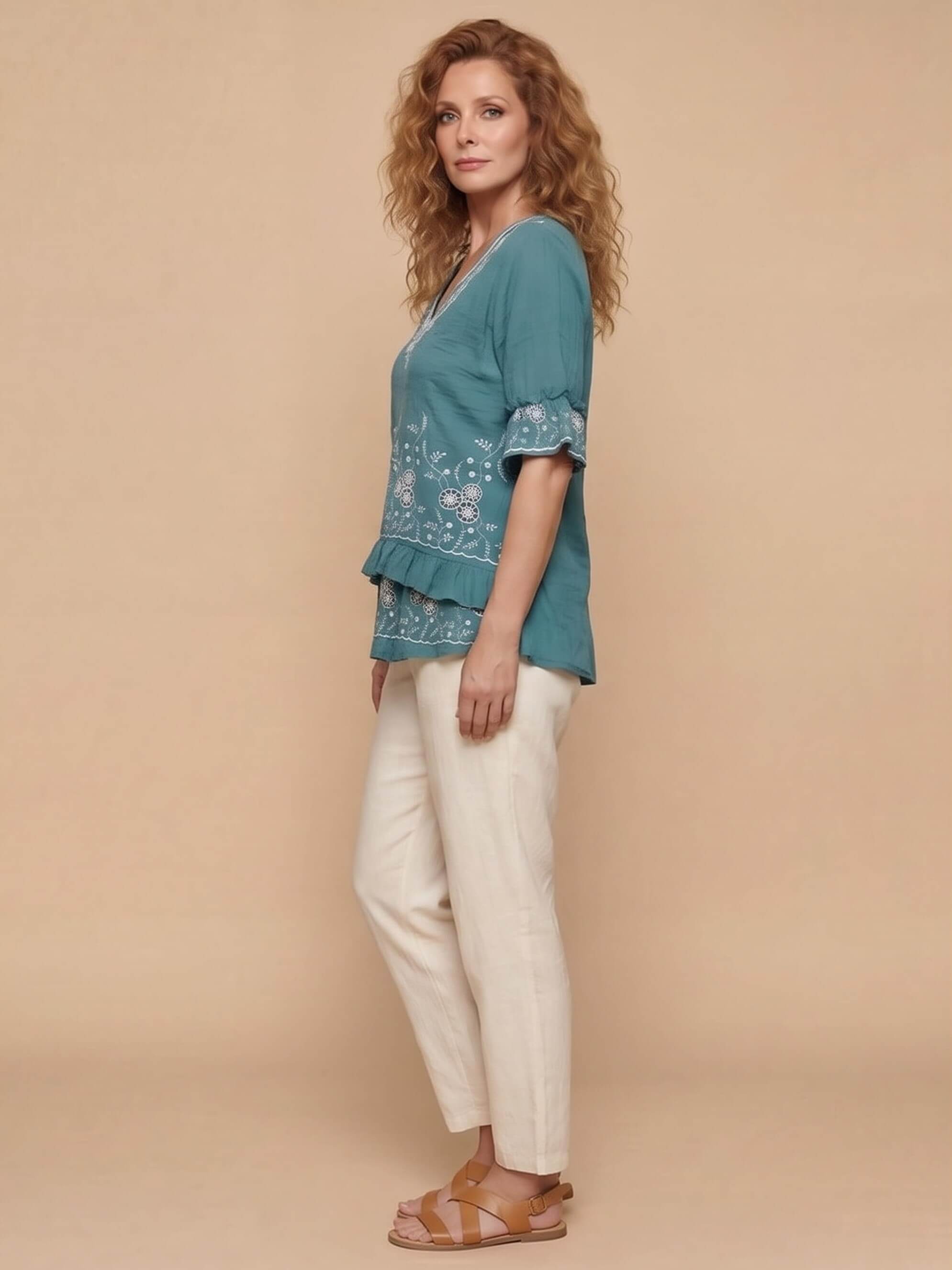 Women’s Embroidered V-Neck Ruffle Hem Blouse