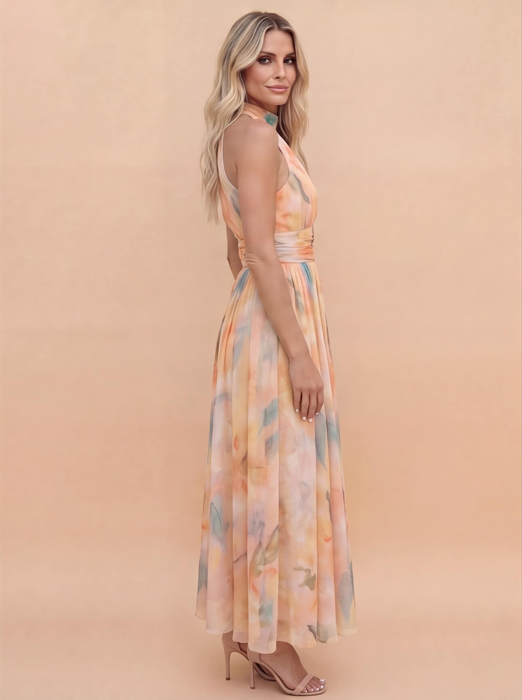 Women’s Elegant Halter Maxi Dress – Flowing Watercolour Design