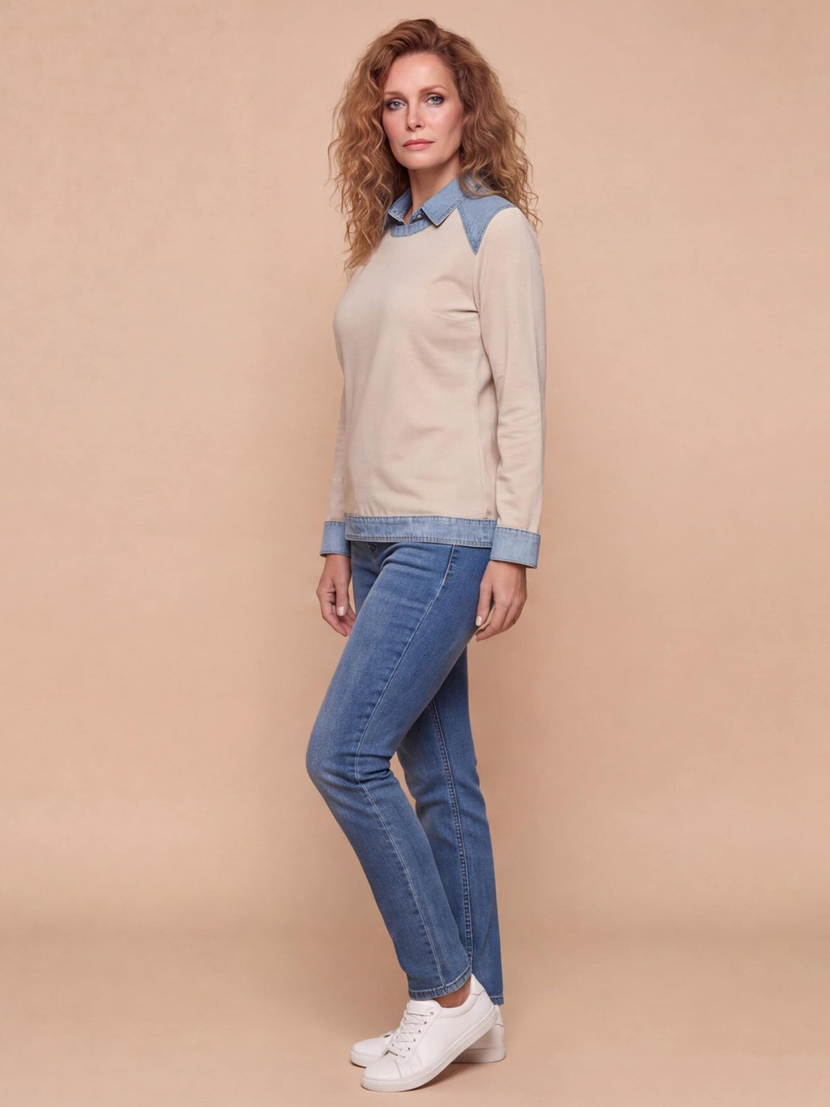 Women’s Denim Collar Detail Long-Sleeve Knit Top