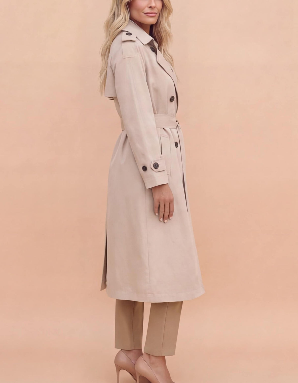Women’s Double-Breasted Belted Trench Coat with Shoulder Tabs