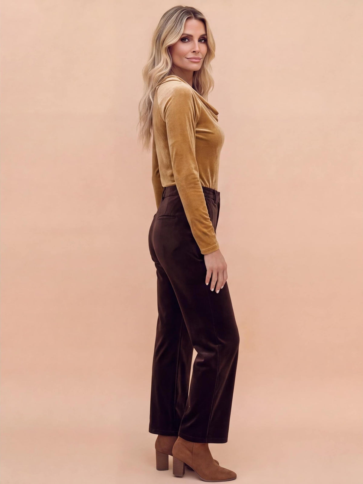 Women’s Velvet-Look Cowl Neck Long-Sleeve Top