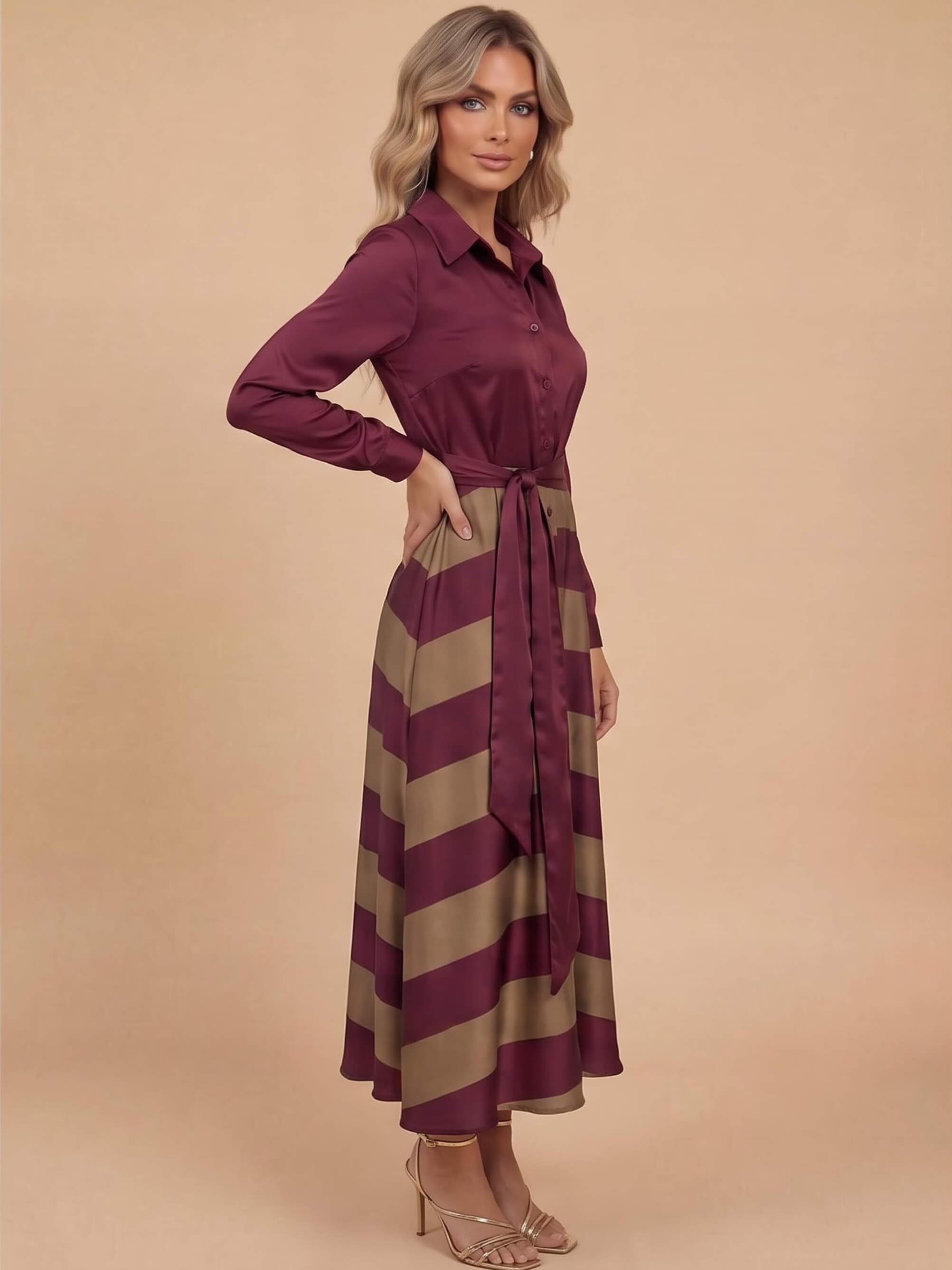 Women’s Belted Striped Maxi Shirt Dress