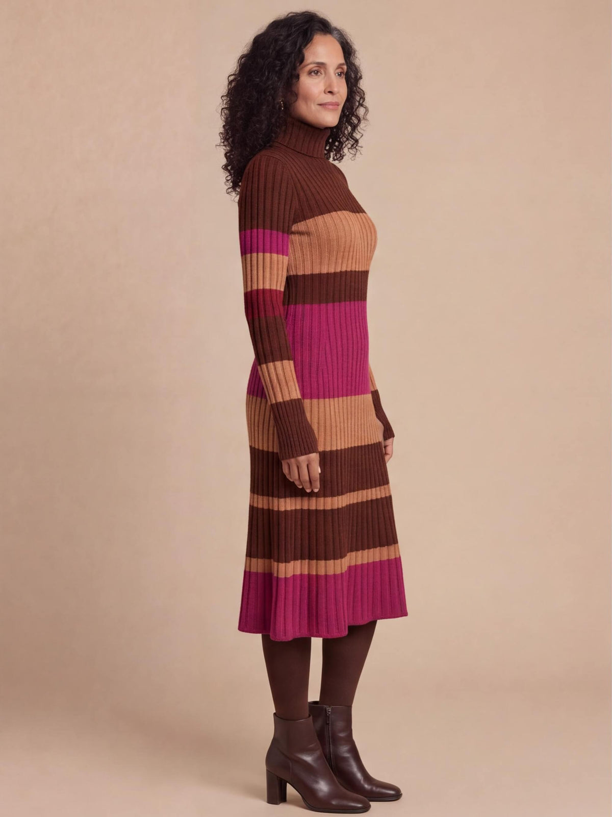 Women’s Ribbed Striped Turtleneck Maxi Dress