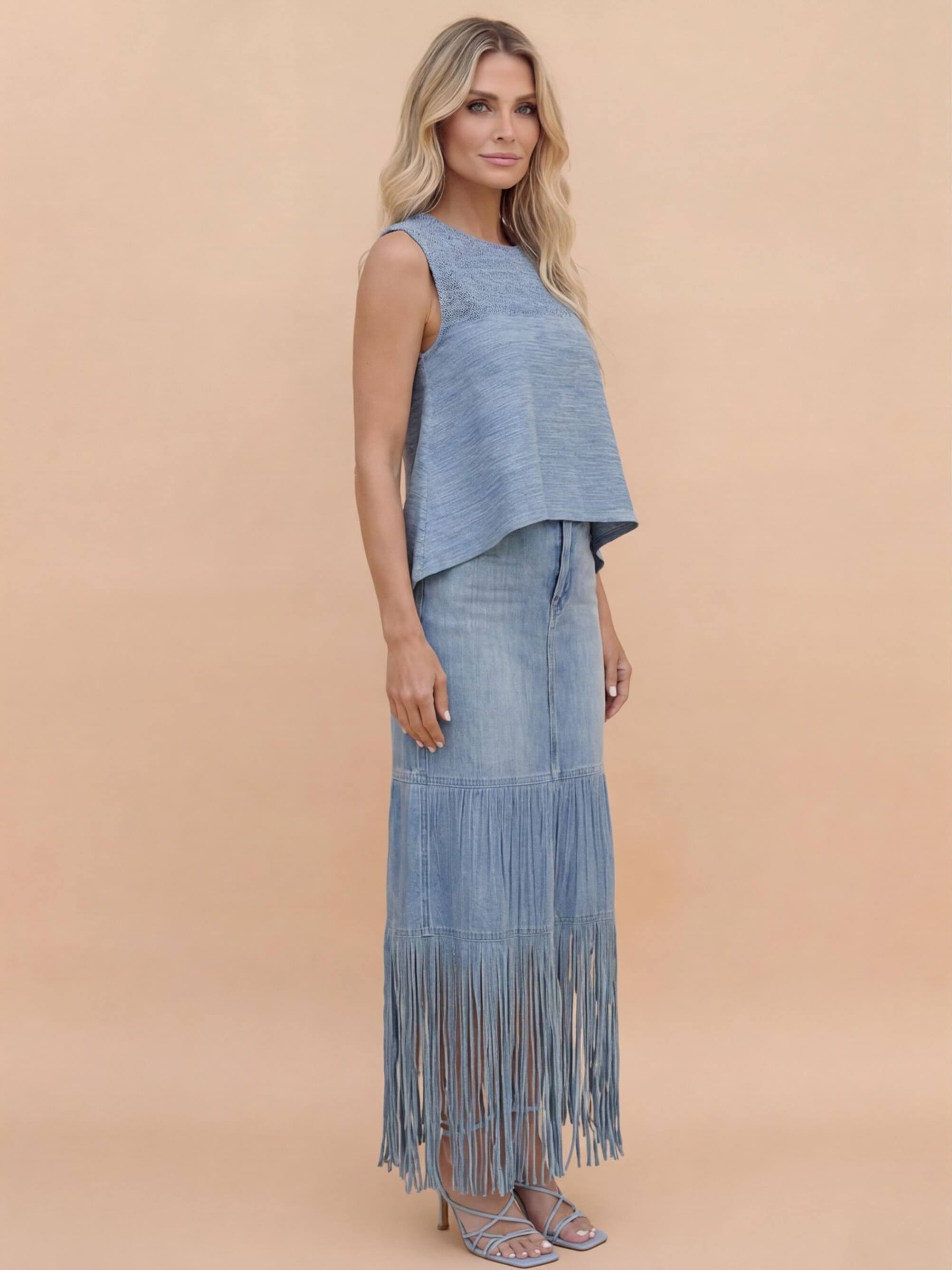 Women’s Denim Two-Piece Set with Asymmetrical Top & Fringed Skirt – Modern Movement & Daytime Style