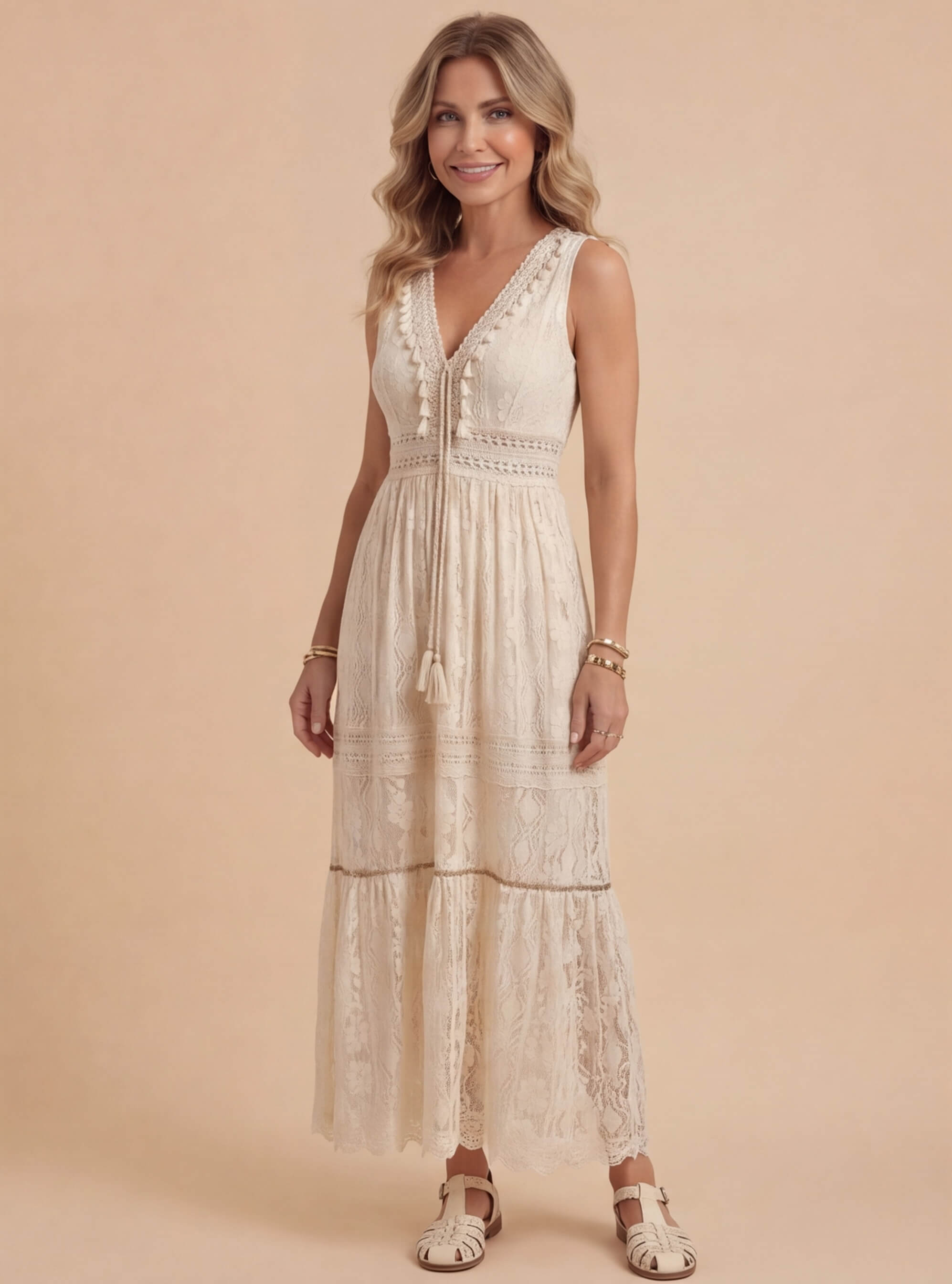lace summer maxi dress Women's Boho Maxi Lace V Neck Flare Sleeve Dress Summer Party Beach Sundress