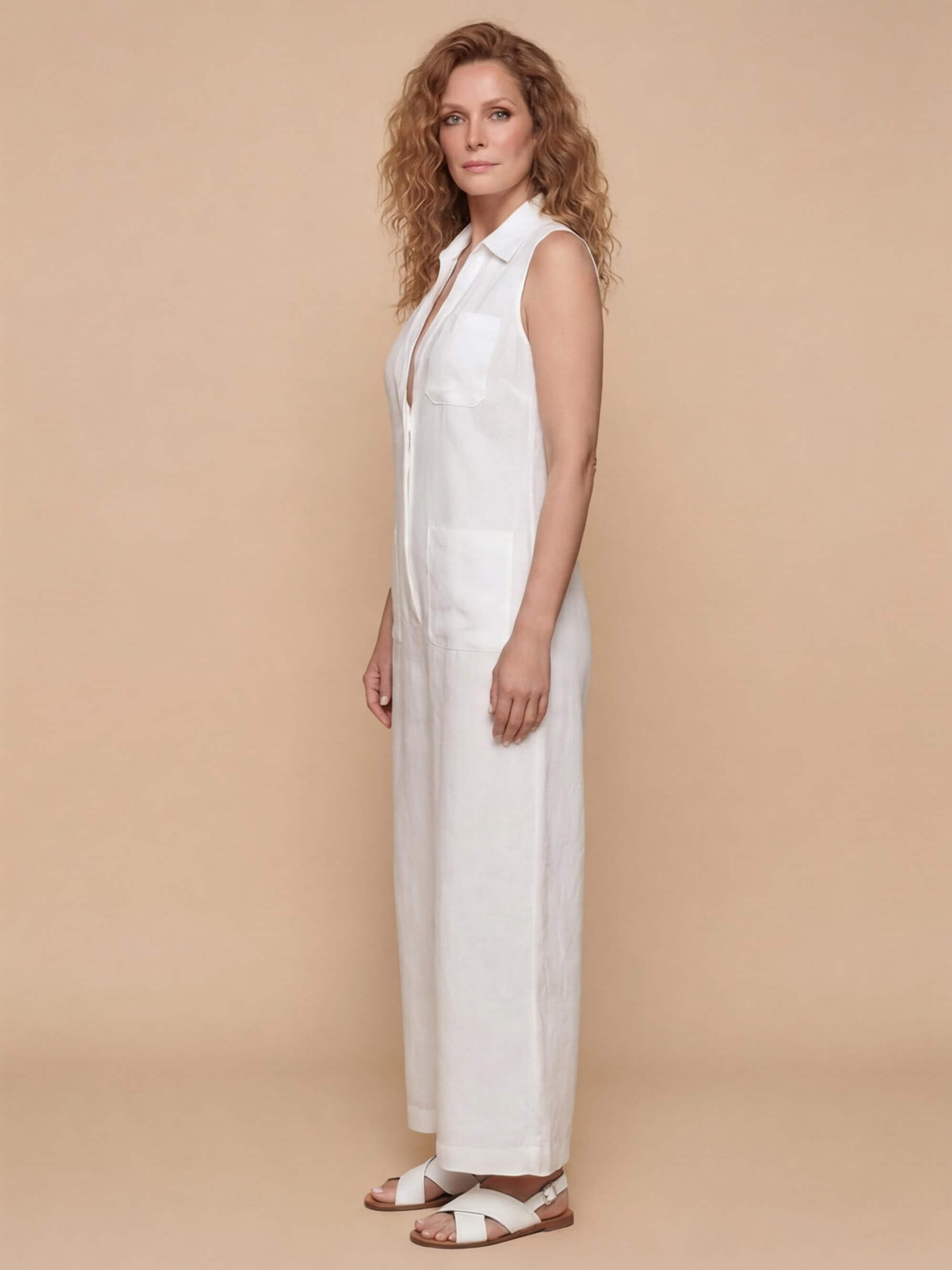 Women’s Sleeveless Collared Wide-Leg Jumpsuit