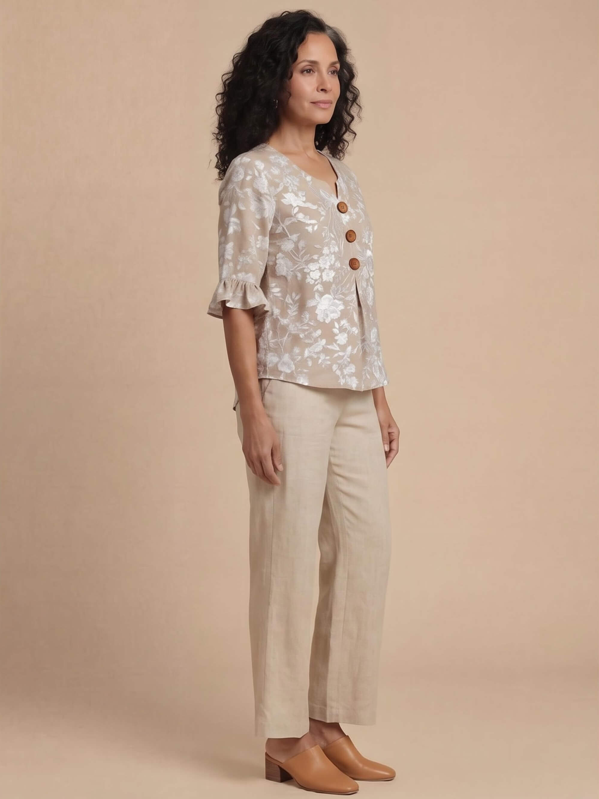Women’s Floral Button Front Ruffle Sleeve Blouse