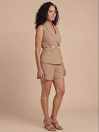 Women’s Khaki Lapel Collar Romper with Asymmetric Wrap Front