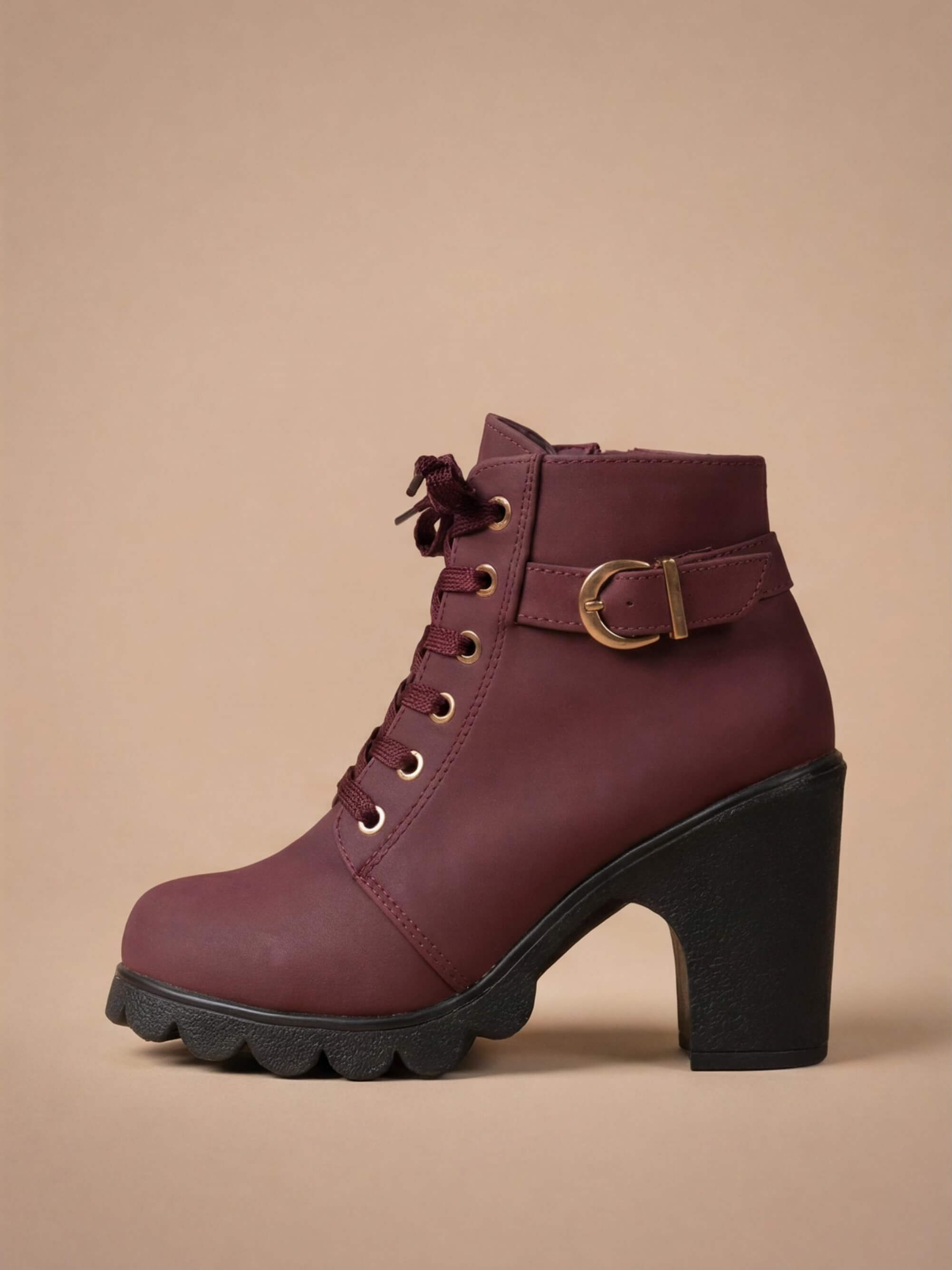Women’s Mid-Heel Ankle Boots –  Side Zipper & Buckle Detail