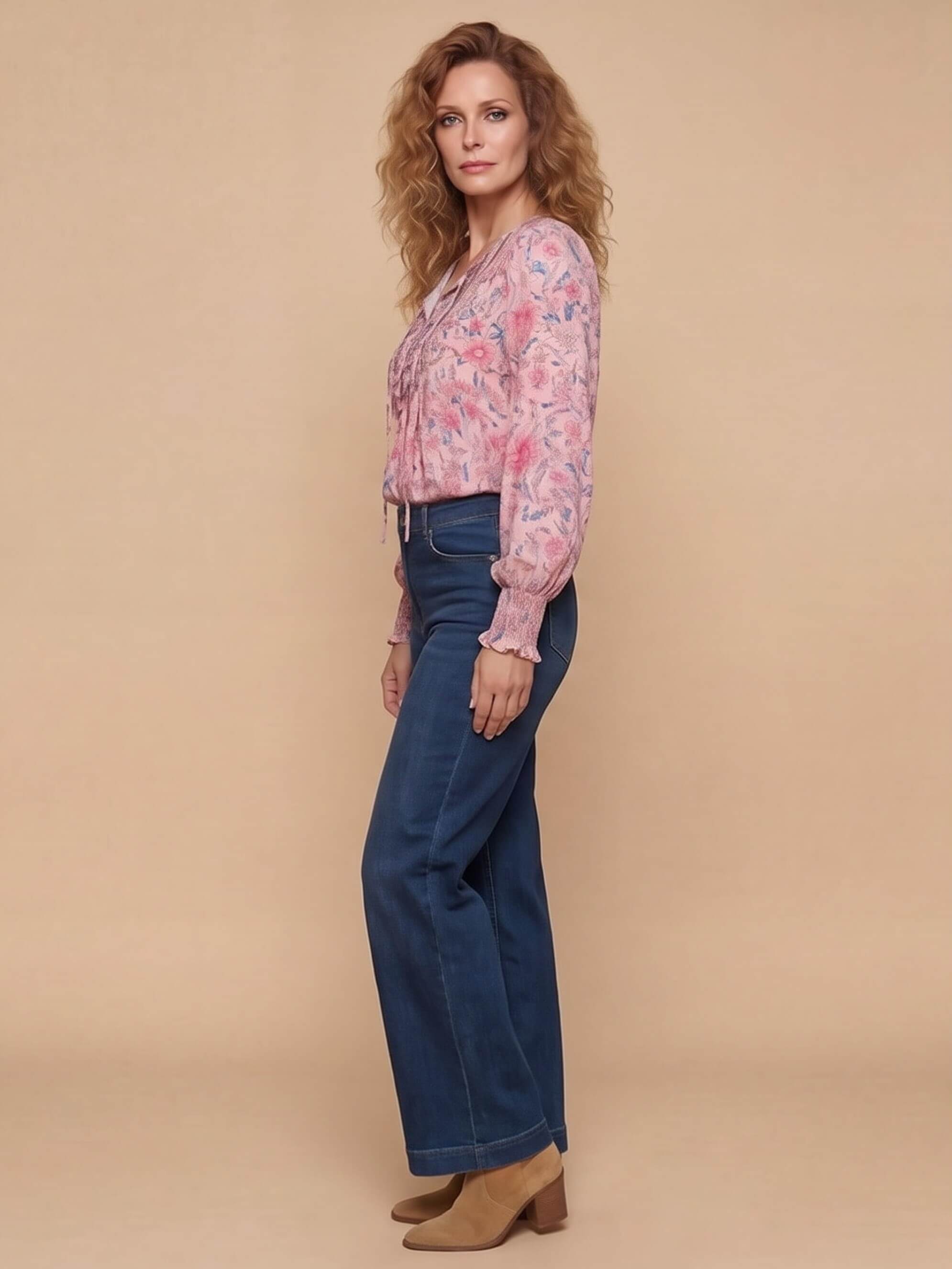 Women’s Floral Tie Neck Smocked Sleeve Blouse