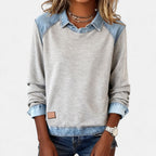 Women’s Denim Collar Detail Long-Sleeve Knit Top