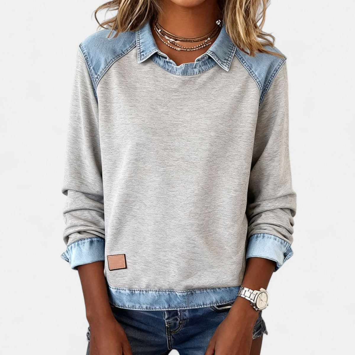 Women’s Denim Collar Detail Long-Sleeve Knit Top