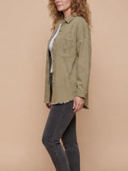 Women’s Washed Denim Overshirt Jacket – Frayed Hem, Chest Pockets &Relaxed Retro Fit