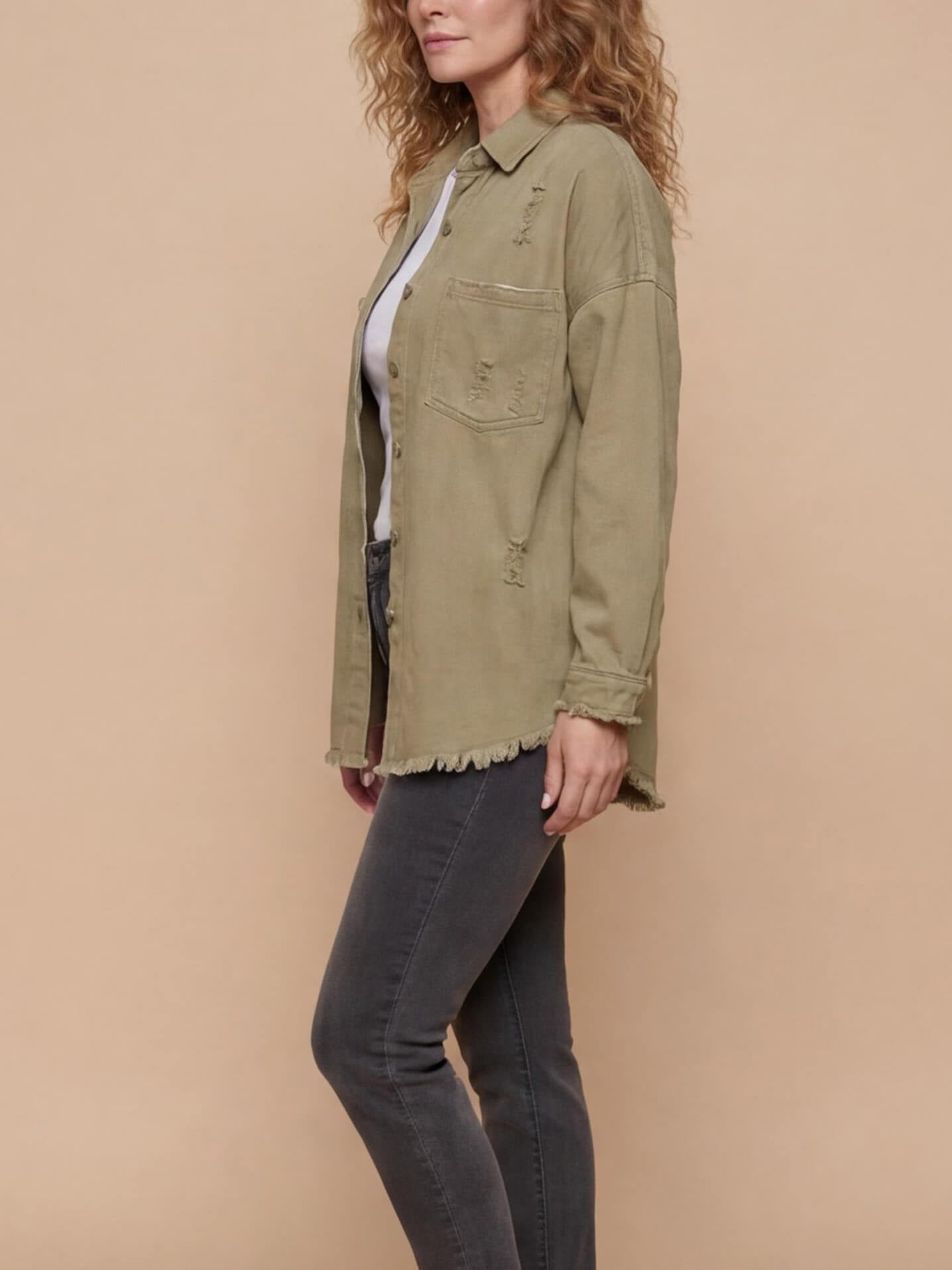 Women’s Washed Denim Overshirt Jacket – Frayed Hem, Chest Pockets &Relaxed Retro Fit