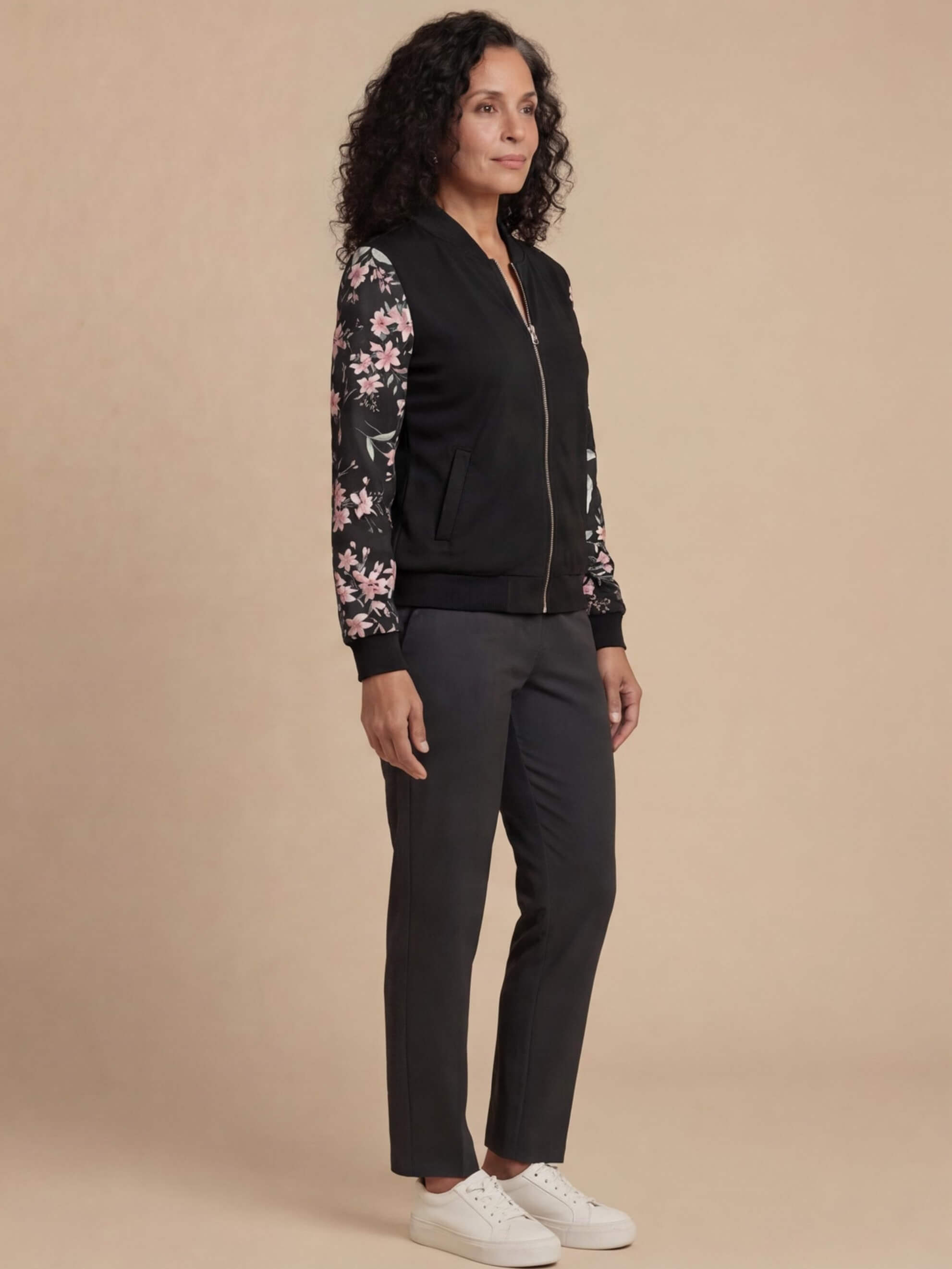 Women’s Floral Zip-Up Jacket – Baseball Collar - Spring/Fall