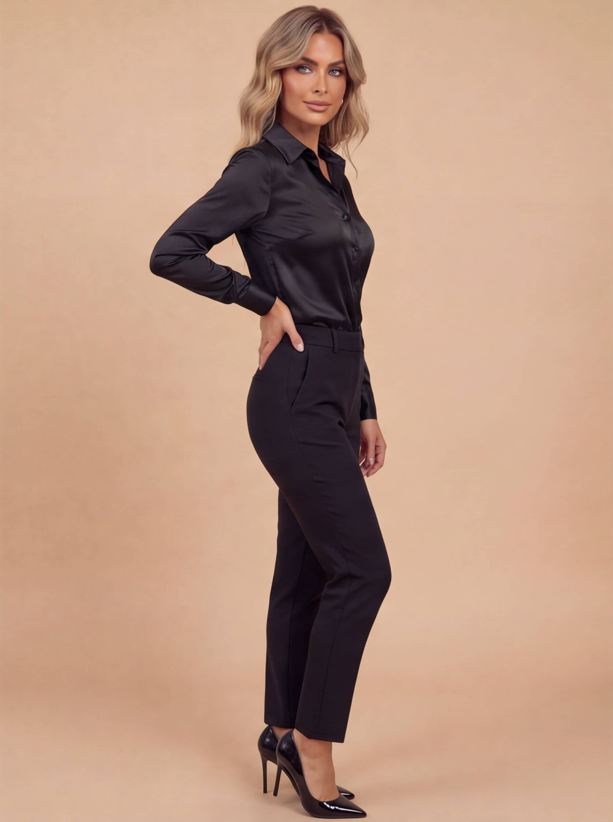 Satin Button Blouse with Lapel Collar