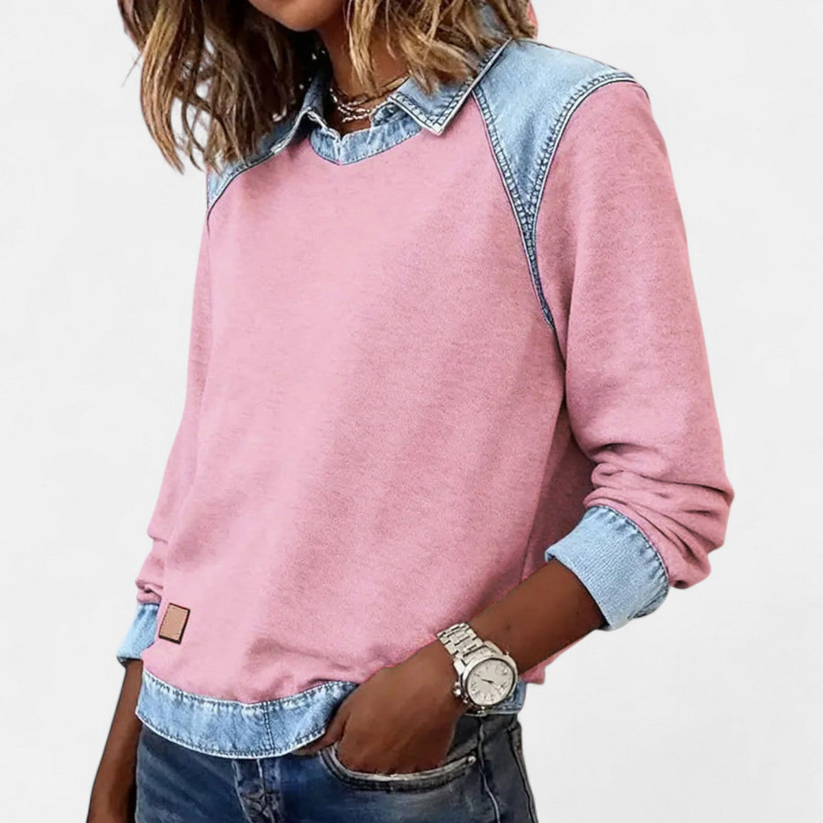 Women’s Denim Collar Detail Long-Sleeve Knit Top