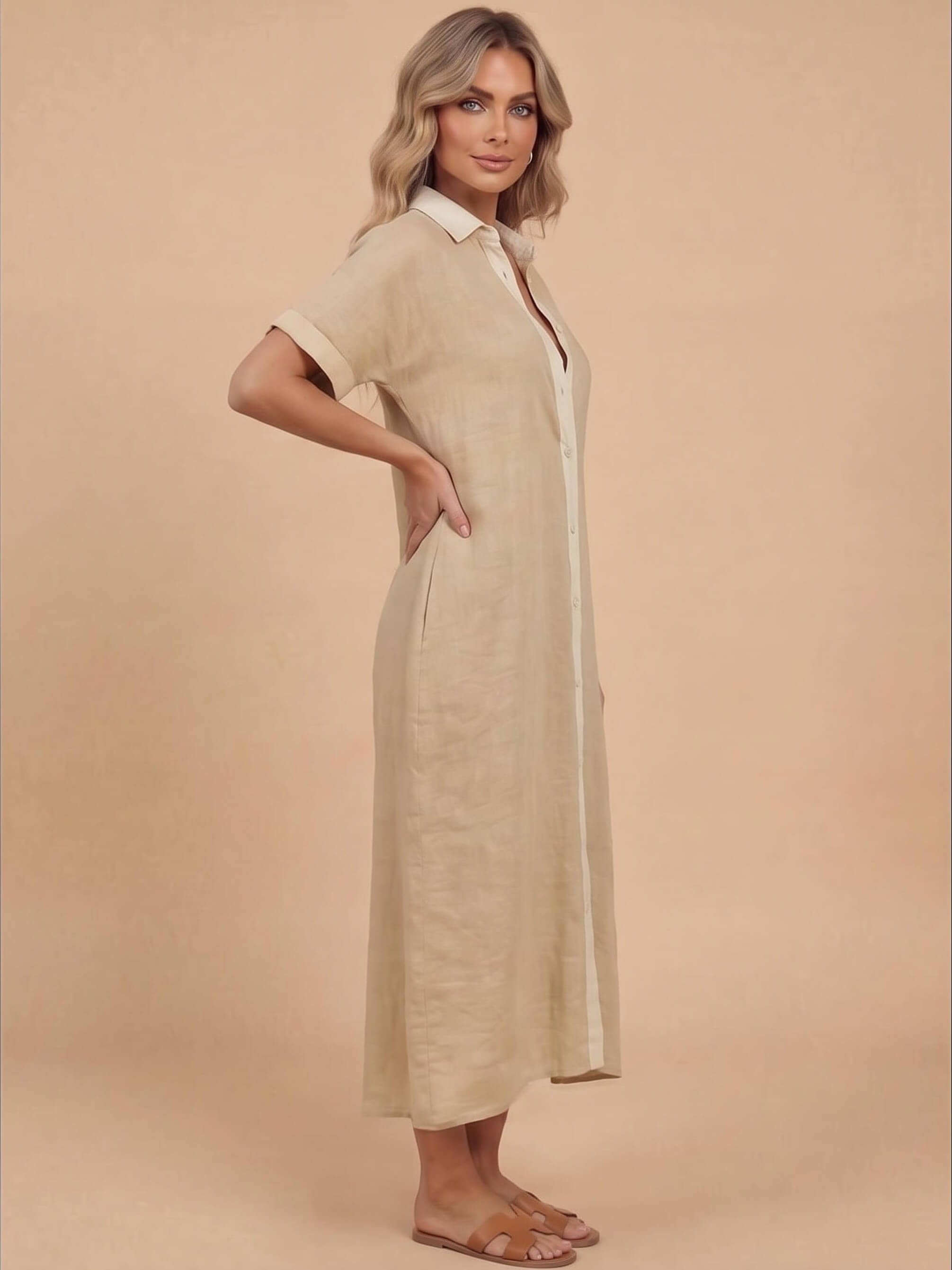 Women’s Button Front Short Sleeve Maxi Shirt Dress