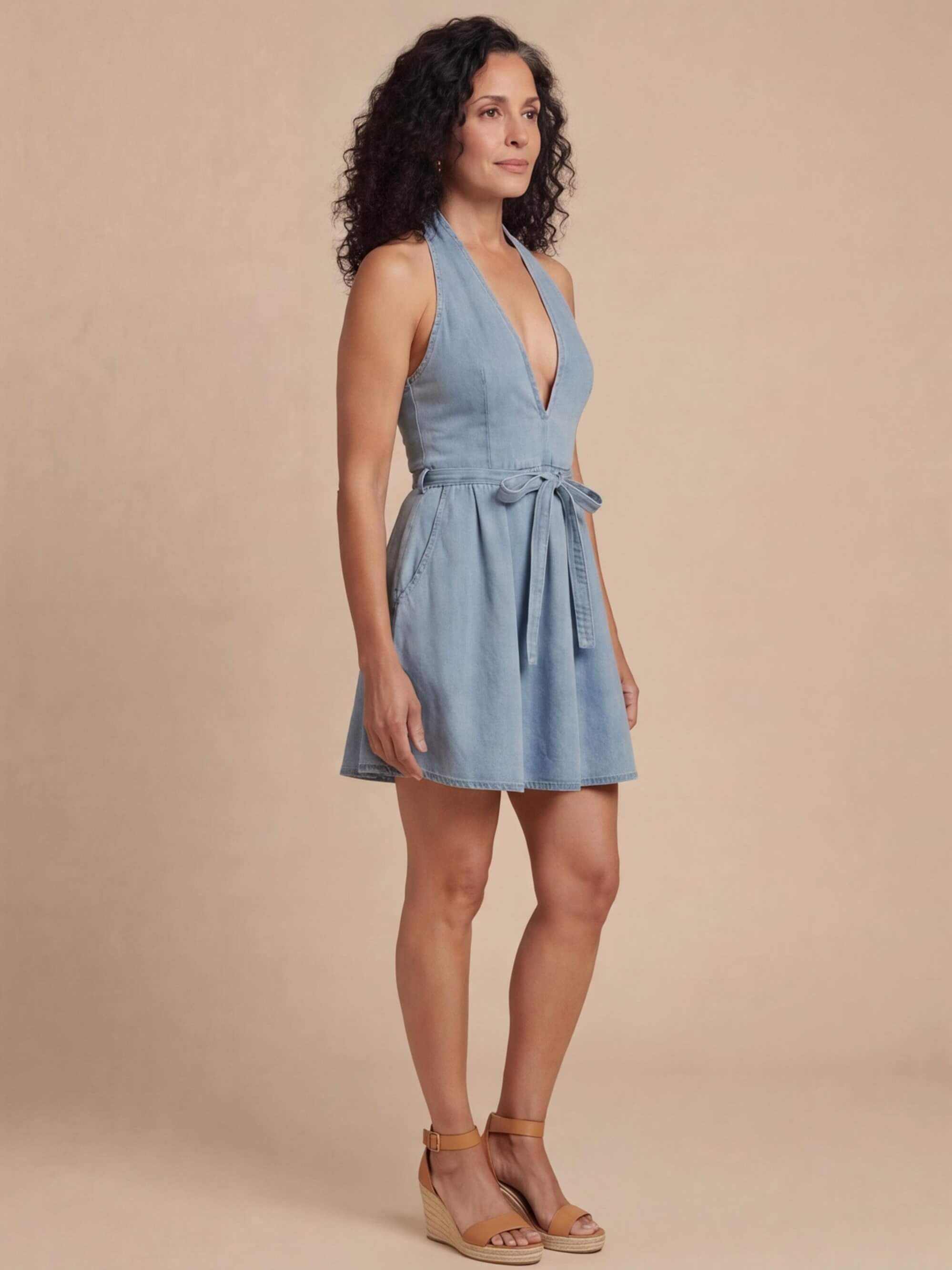 Women’s Halter Denim Flare Dress with Tie Waist – Effortless Summer Appeal