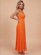 Elegant Halter Neck Pleated Maxi Dress