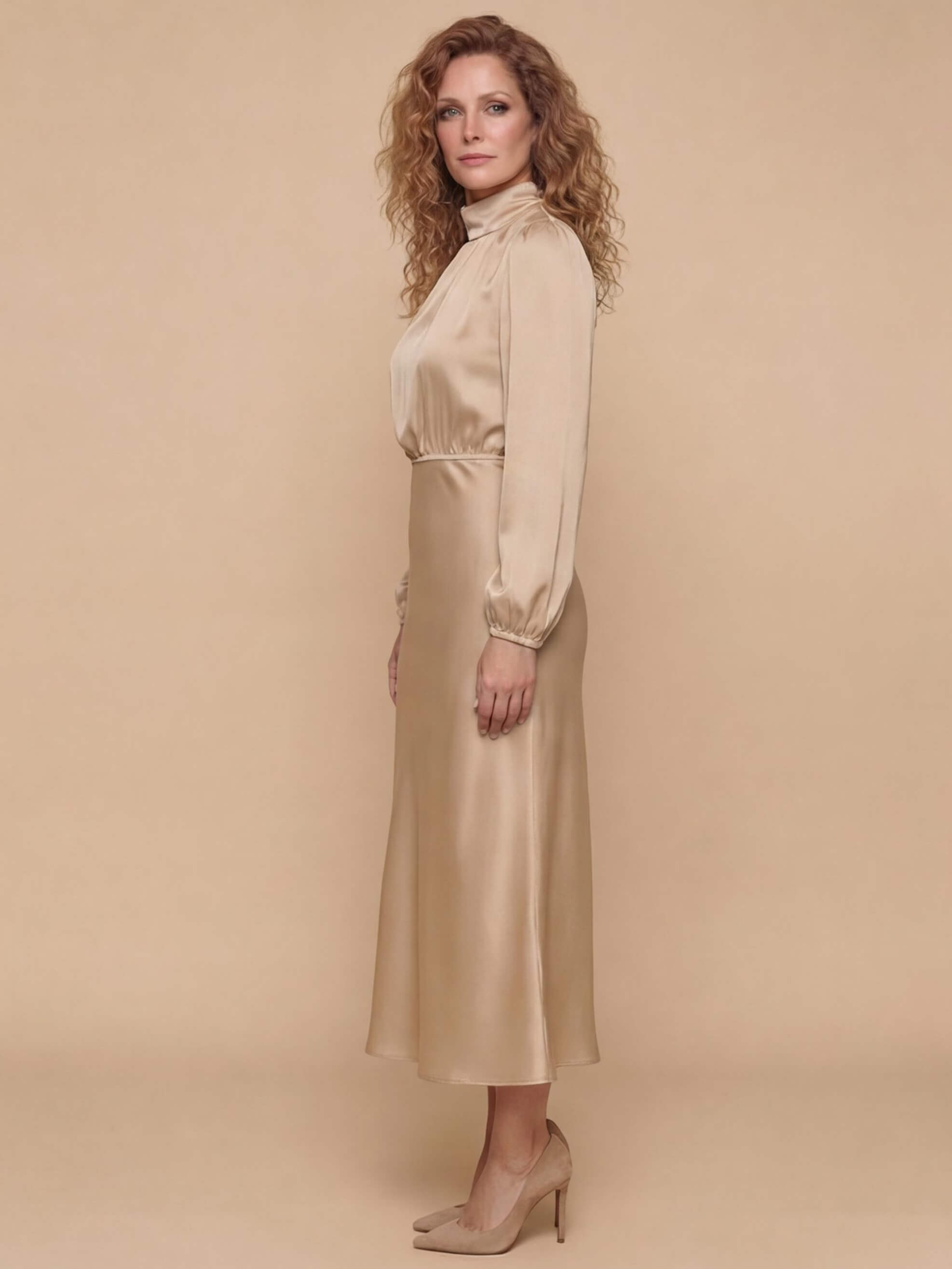 Elegant women’s midi dress with a high neckline and long sleeves