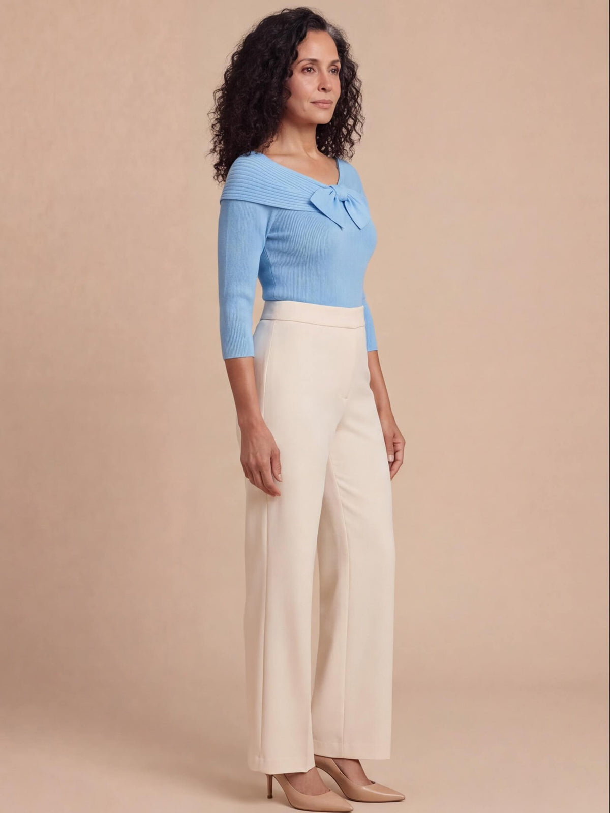 Women’s Ribbed Bow Detail Long-Sleeve Top