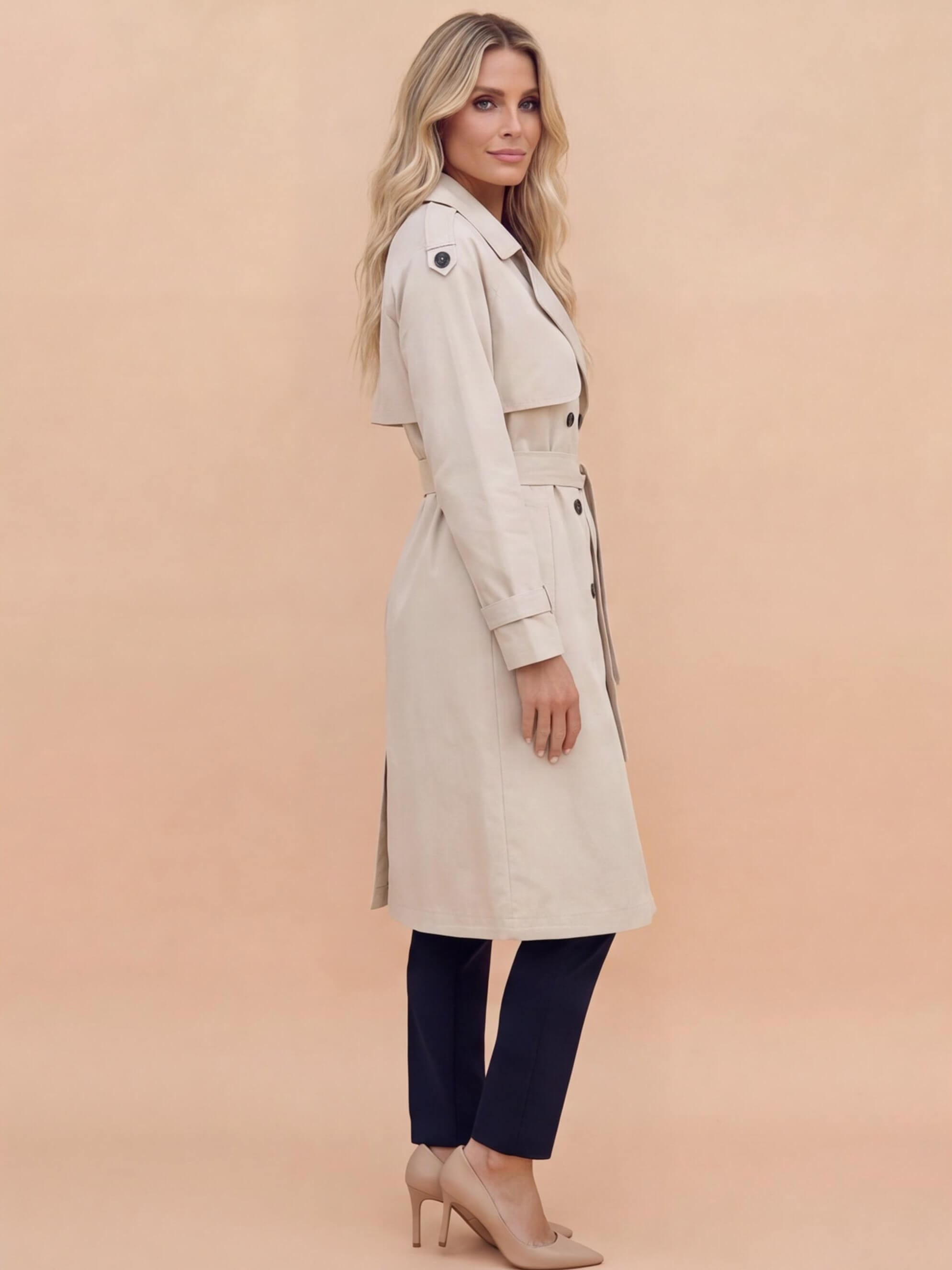 Women’s Long Trench Coat – Belted Waist & Water-Repellent Finish