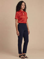 Satin Blouse with Keyhole Neckline and Short Sleeves