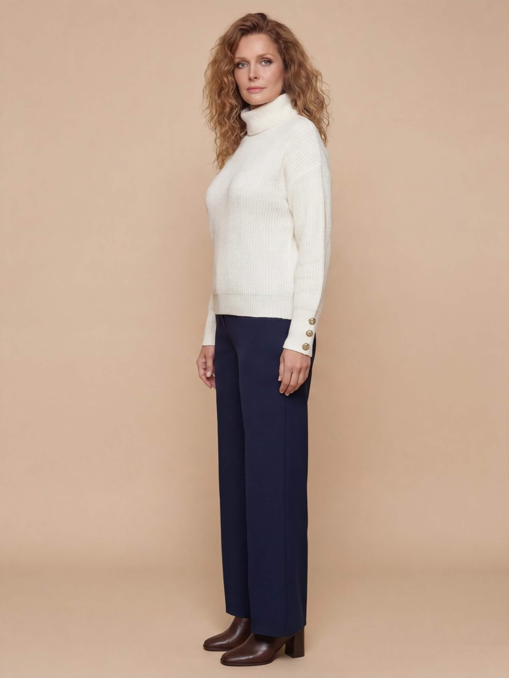 Women’s Cowl-Neck Knit Sweater – Soft Ribbed Texture & Mid-Stretch Comfort