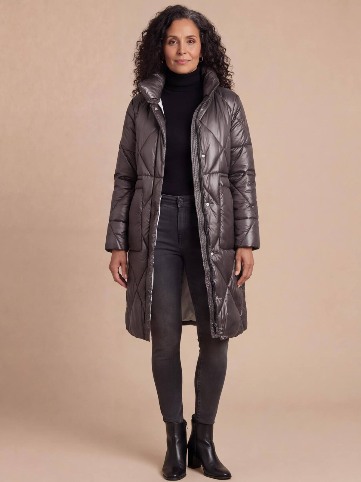 Women’s Long Quilted Puffer Coat with High Collar