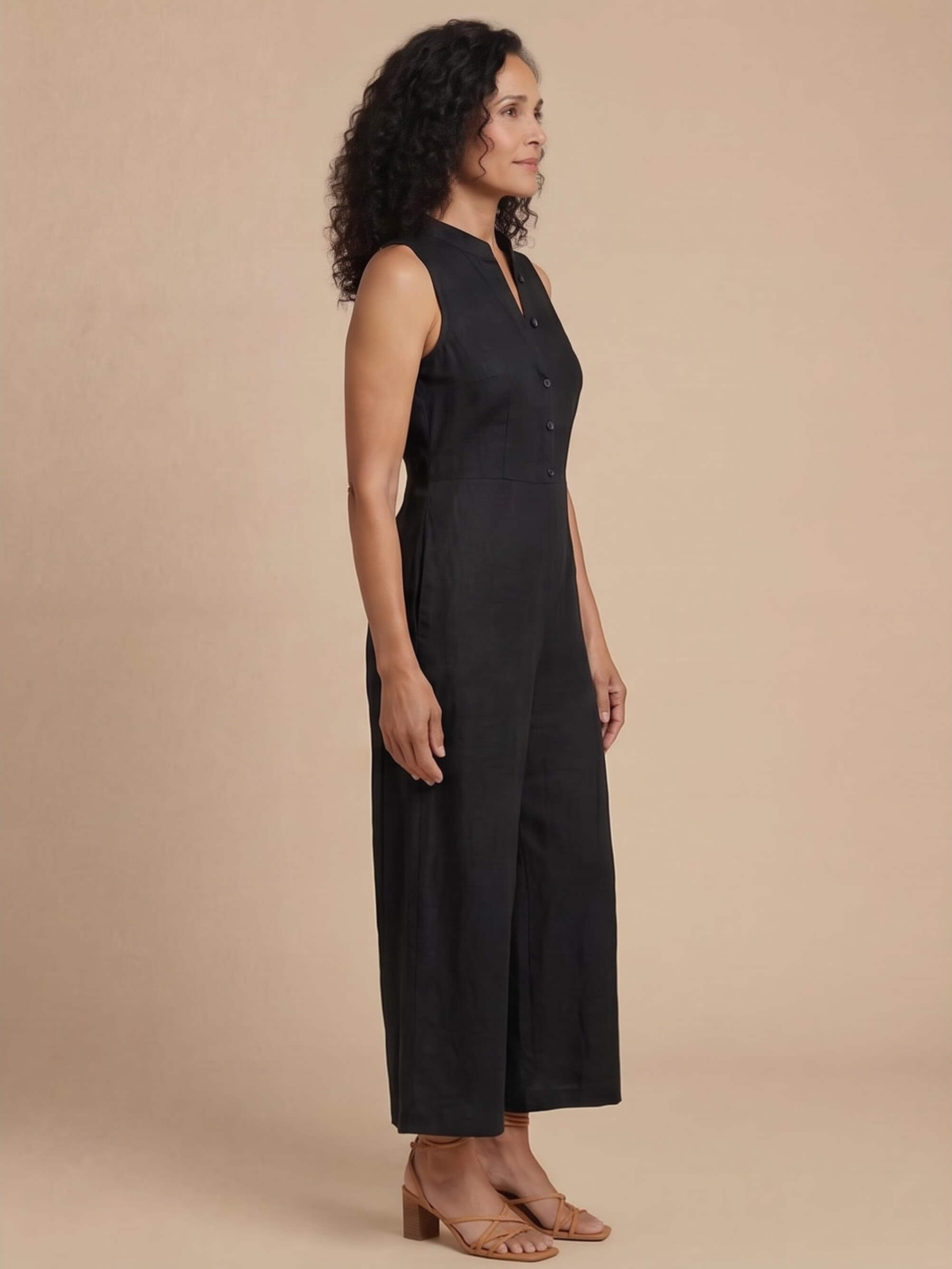 Women’s Sleeveless Button Front Wide-Leg Jumpsuit