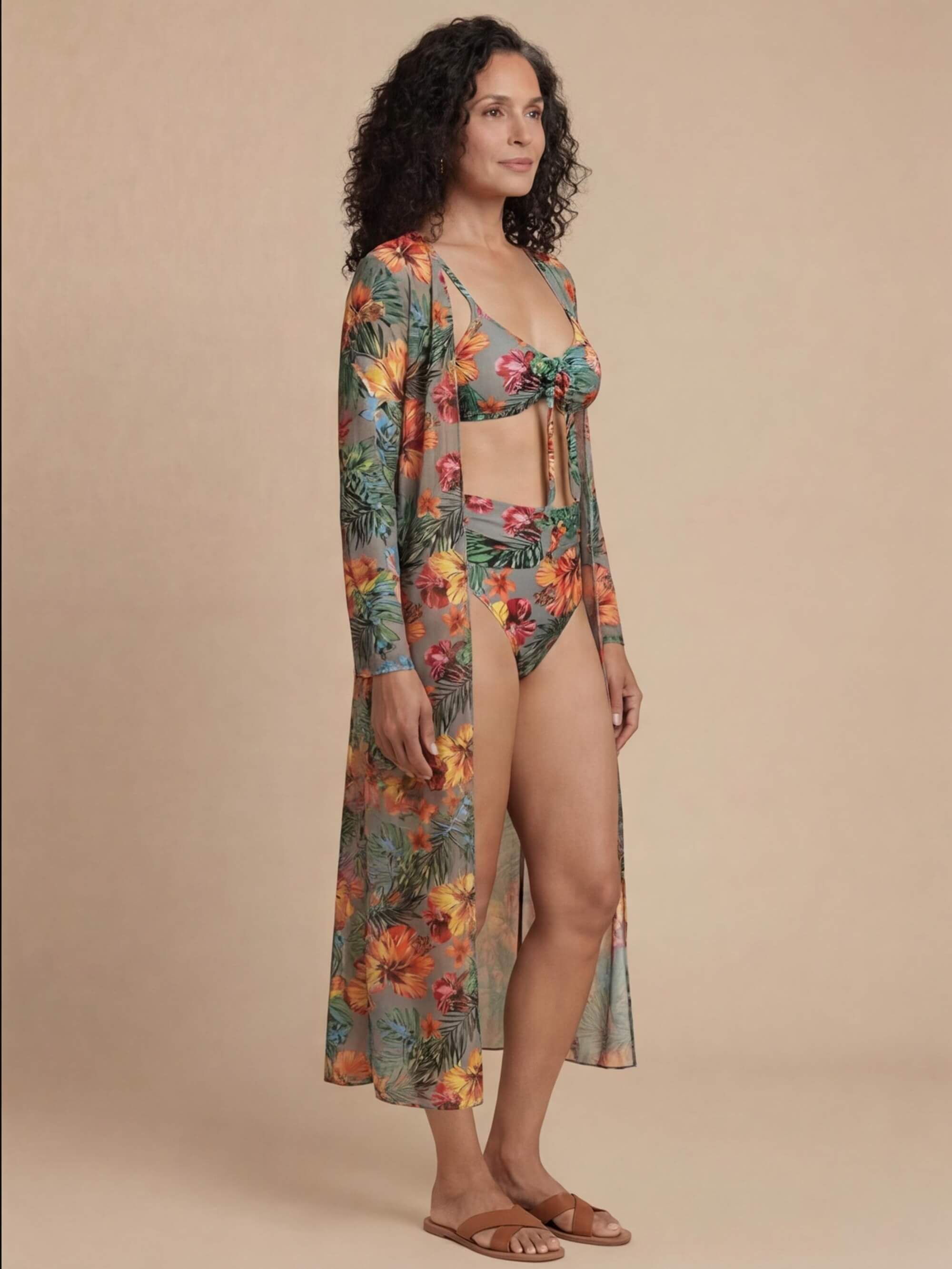 Women’s Tropical Three-Piece Bikini Set with Cover-Up