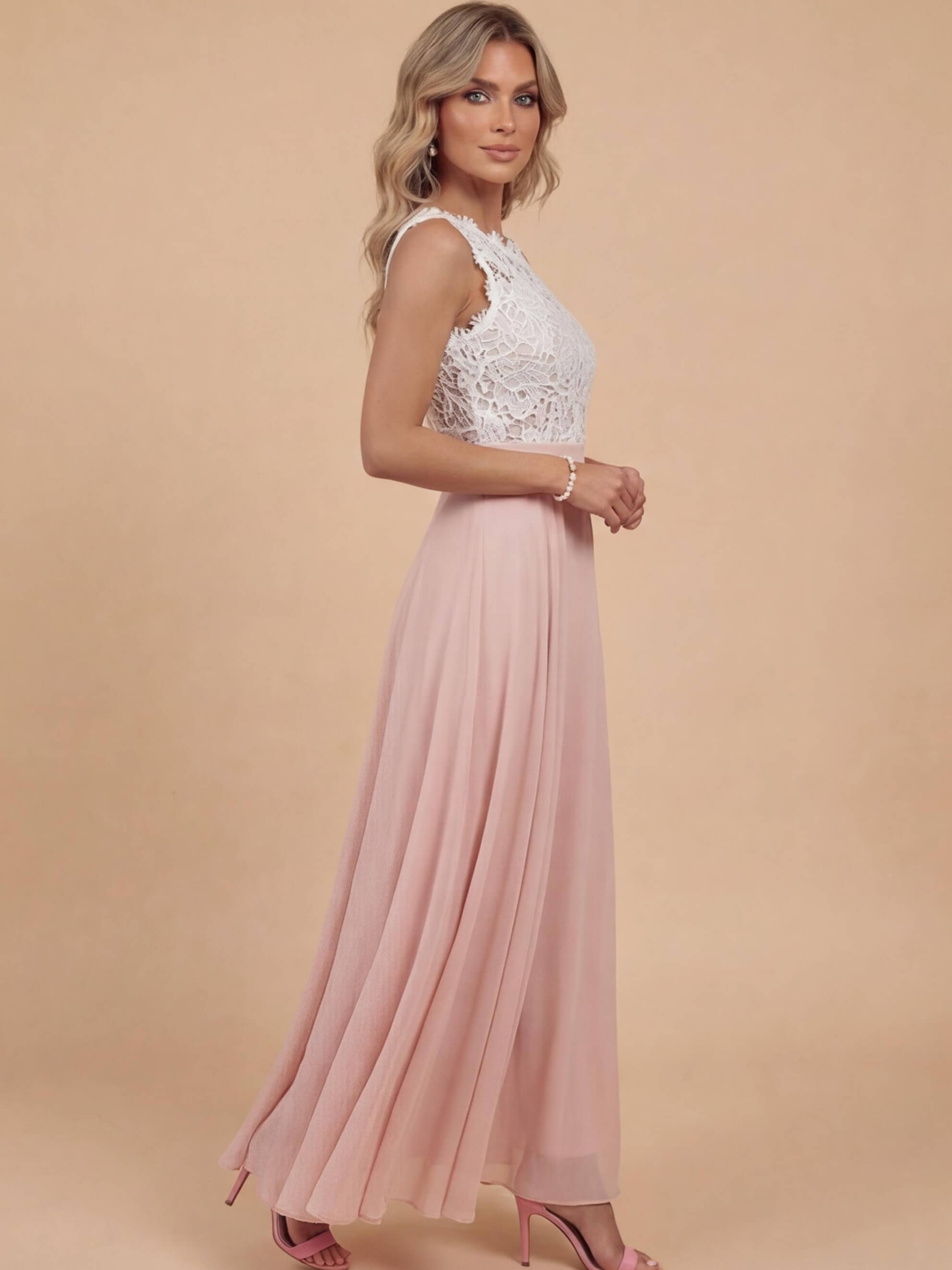 Women's sleeveless maxi dress with a lace top and chiffon skirt