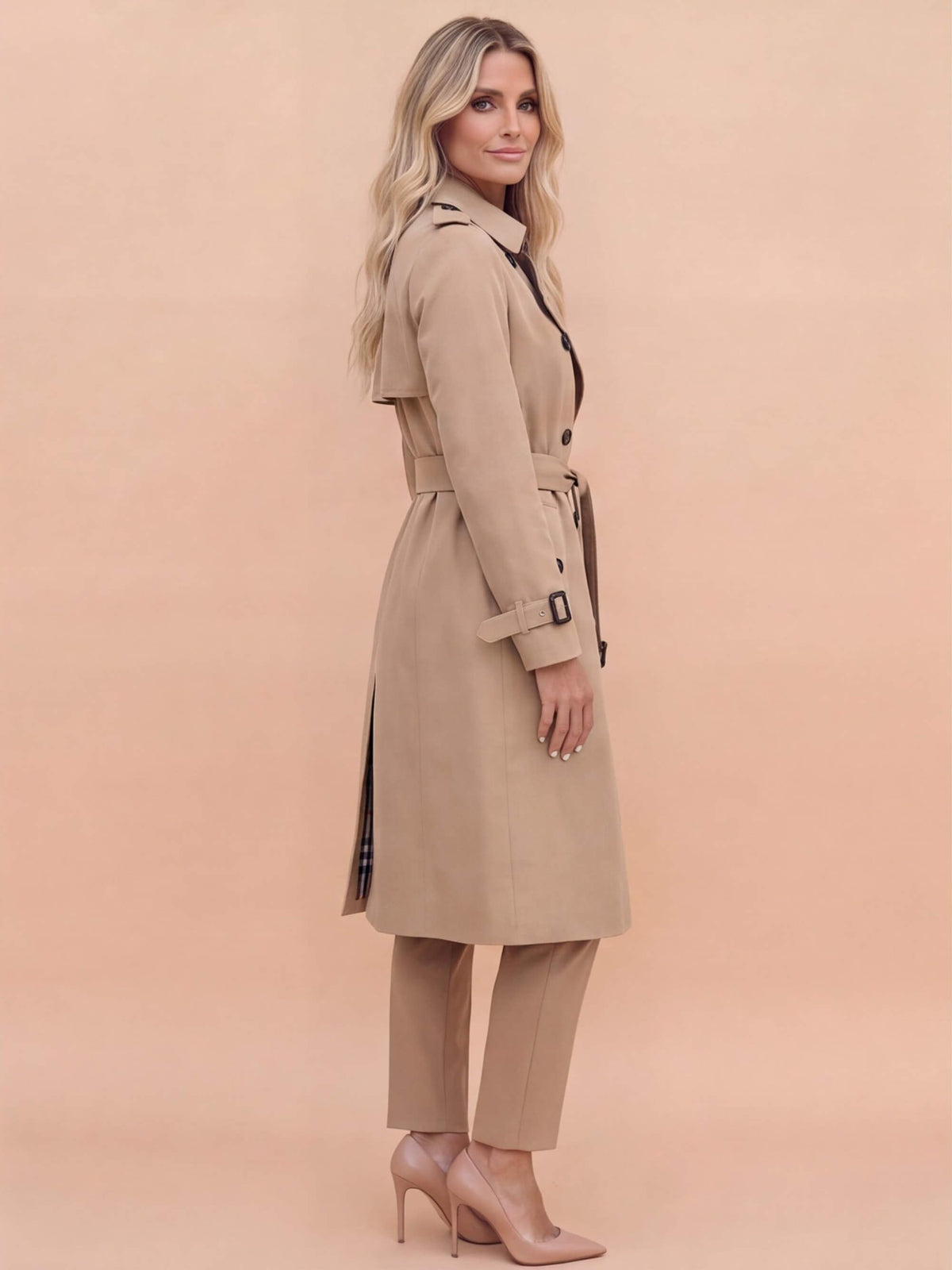 Women’s Belted Double-Breasted Trench Coat with Buckle Cuffs
