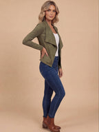 Women’s Elegant Faux Suede Jacket – Waterfall Lapel & Open-Front Layering
