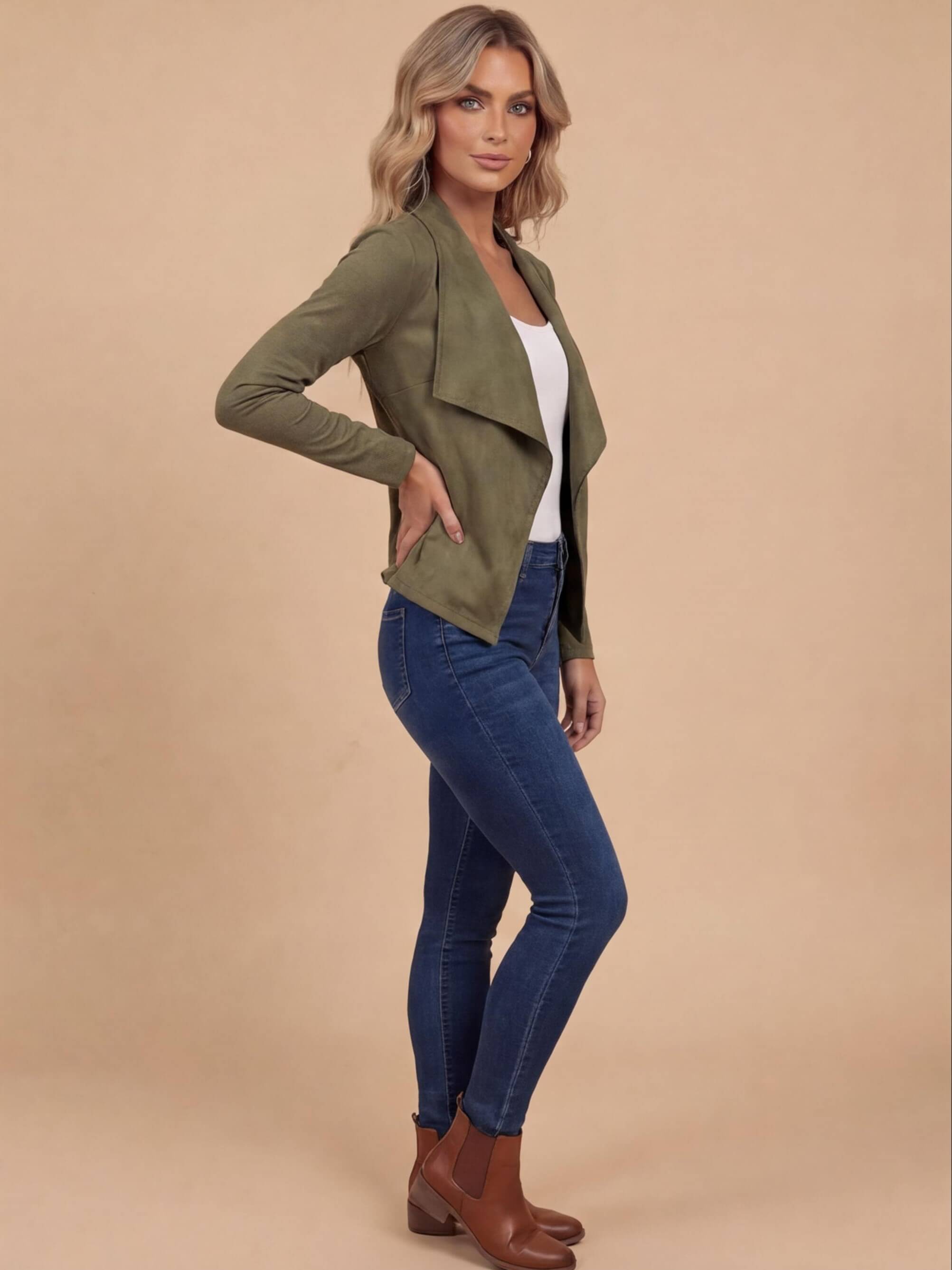 Women’s Elegant Faux Suede Jacket – Waterfall Lapel & Open-Front Layering