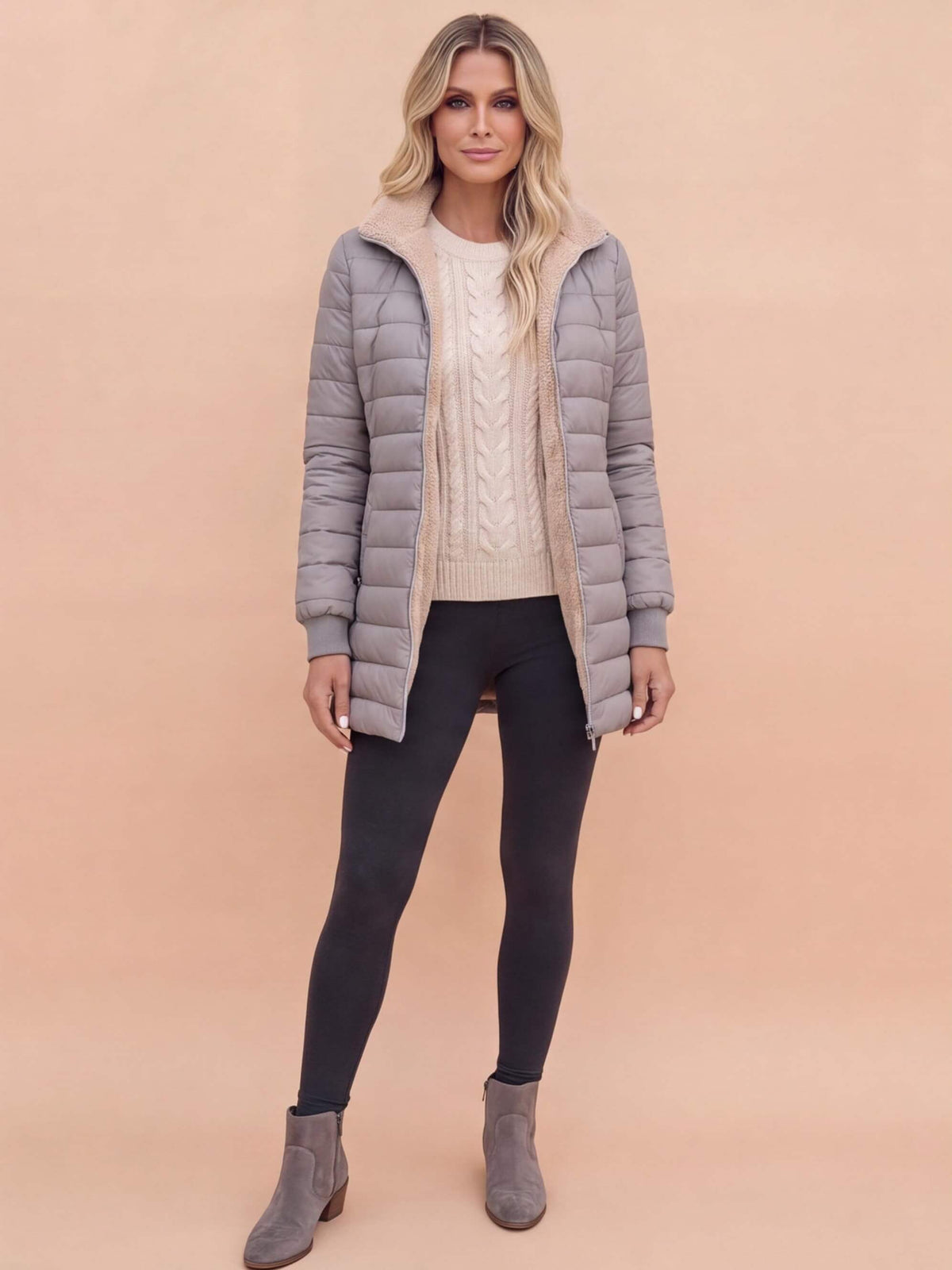 Women’s Quilted Puffer Jacket with Hooded Trim