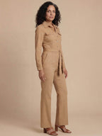 Women’s Camel Tailored Zip-Front Jumpsuit – Modern Power & Refined Elegance
