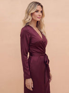 Satin Wrap Midi Dress with Tie Waist