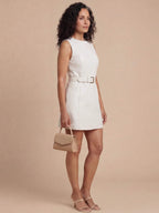 Women’s White Belted Mini Dress – Modern Sculpted Elegance