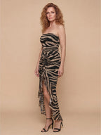 Women’s Strapless Zebra Print Evening Dress with High-Low Hem