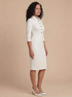 White Button-Front Midi Dress with Tailored Silhouette