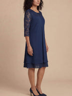 Plus Size Women’s Elegant Chiffon Dress – Embroidered Lace Yoke & Flowing Layered Hem