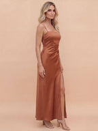 Women’s Dress – Satin Spaghetti-Strap Maxi Dress with Side Slit