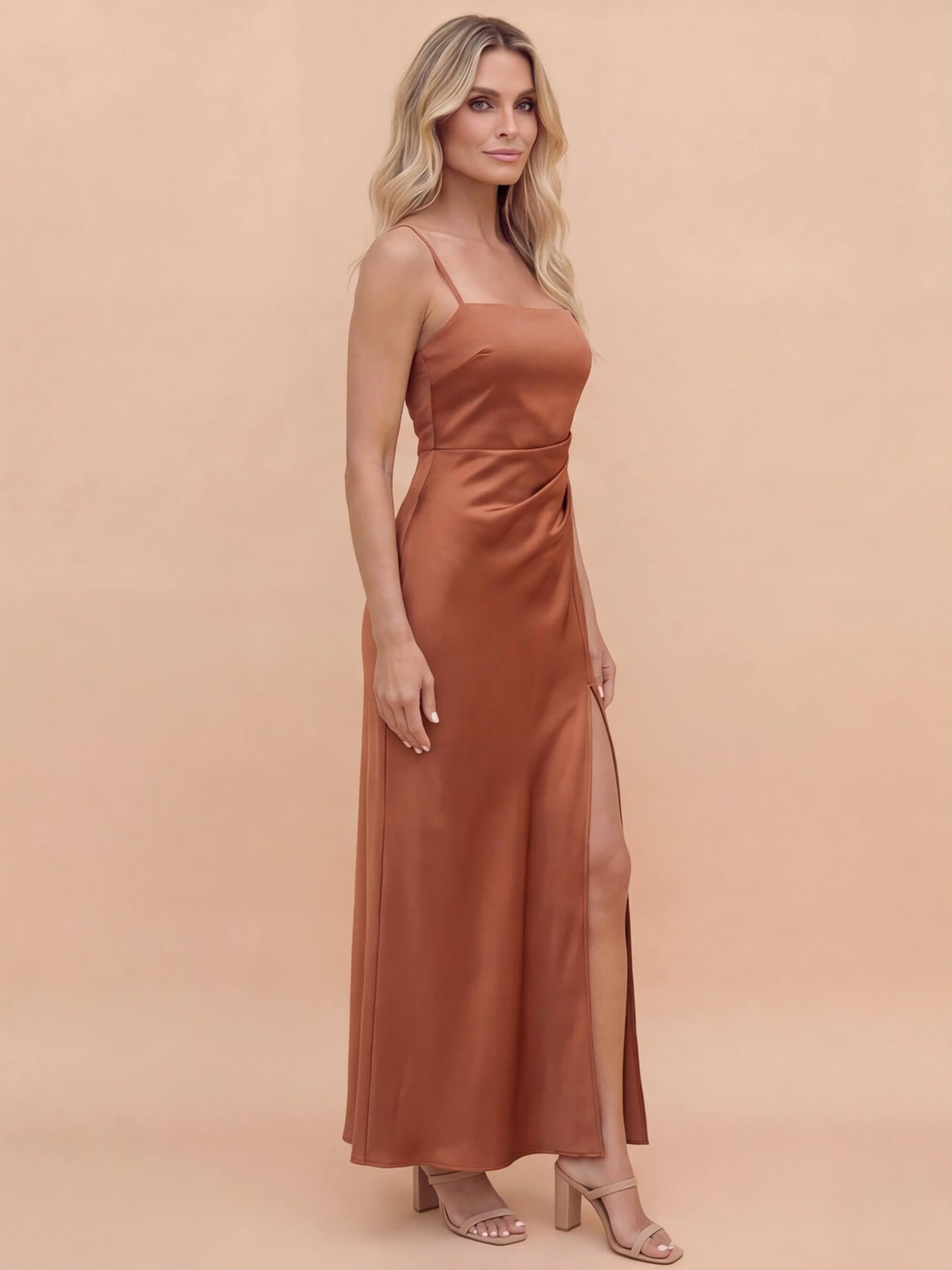 Women’s Dress – Satin Spaghetti-Strap Maxi Dress with Side Slit