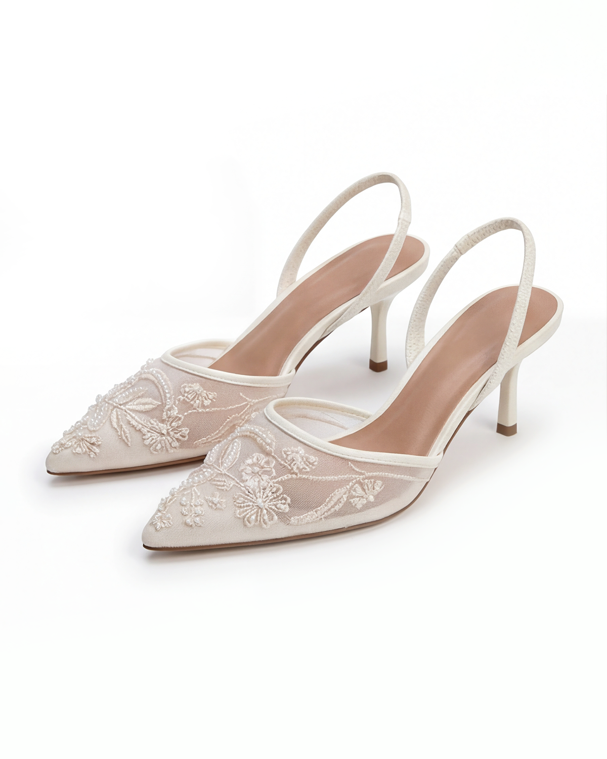 Women’s Kitten Heels - Ivory Embroidered Slingback